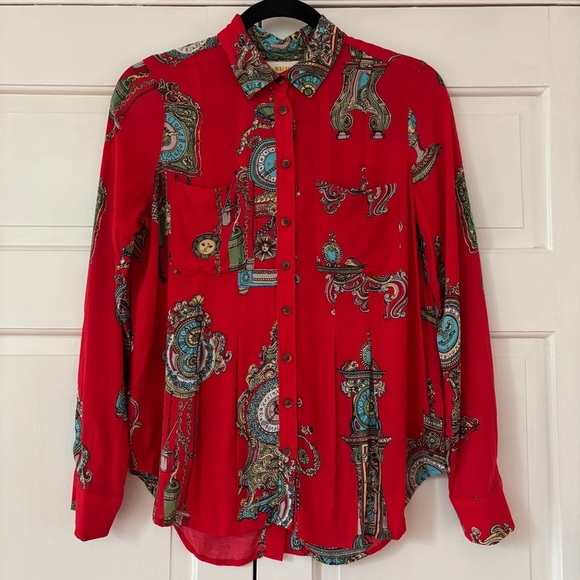 Anthropologie Maeve Size 2 Red Whimsy Printed Clock Sun Button Down Shirt Blouse - Picture 7 of 17